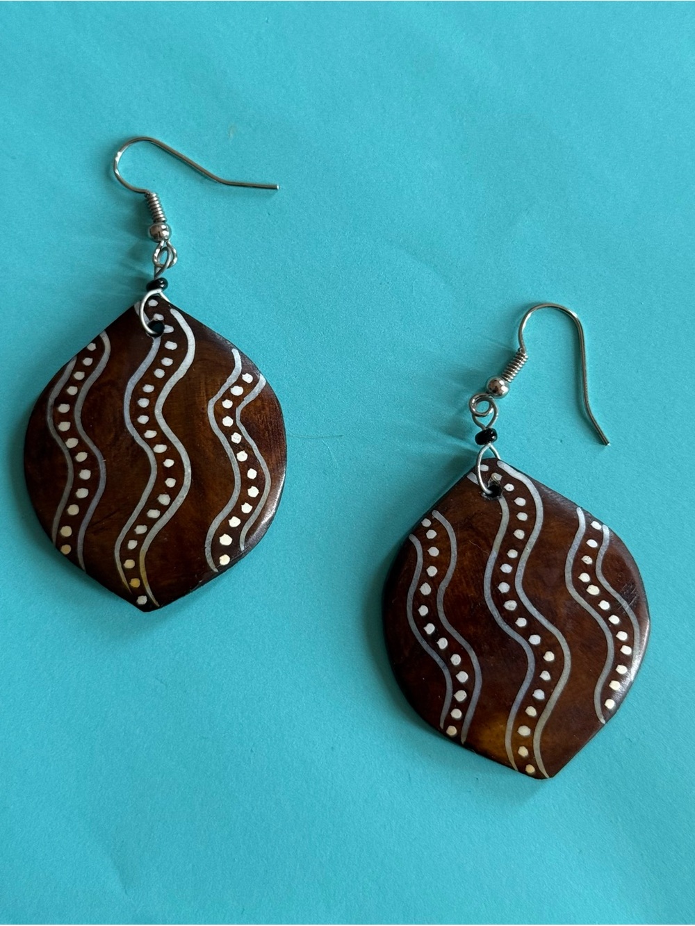 Handcrafted Brown Wood Wave Pattern Drop Earrings